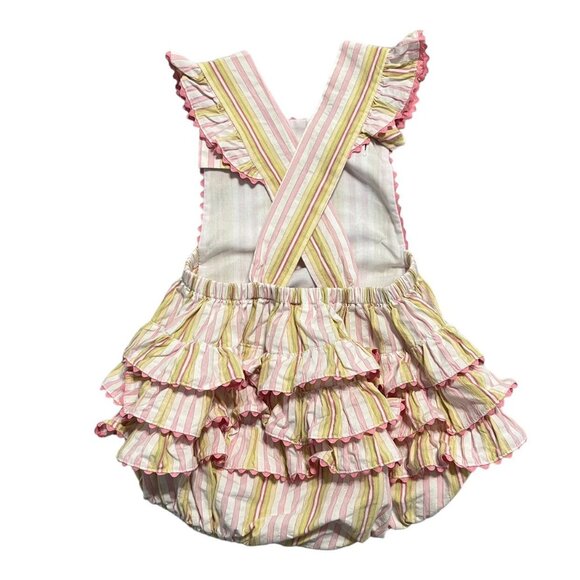 Surcie 18m Pink & Green Striped Ruffle Bubble Romper - Picture 2 of 7